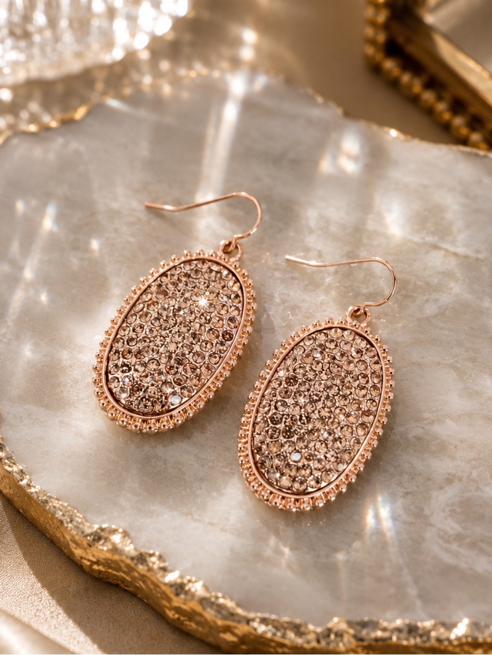 Rose Gold Pavé Oval Drop Earrings